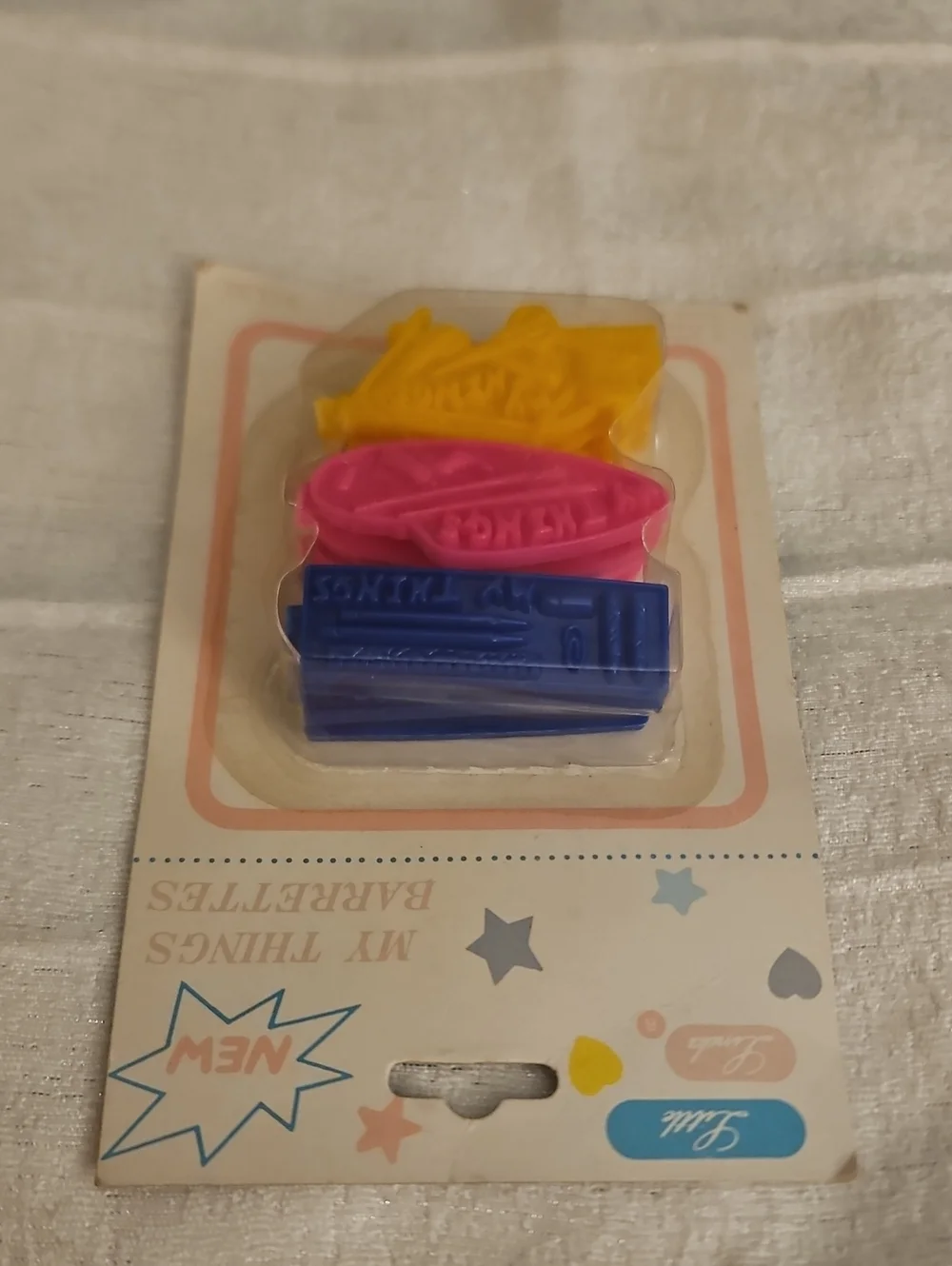 Vtg LITTLE LINDA Colorful Back To School Hair Barrettes - Blue, Pink & Yellow